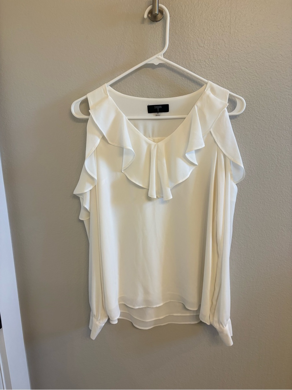 Tahari White Ruffle Cold-Shoulder Blouse